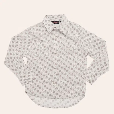 Rafter C Boys' White Small Medallion Print Stretch Long Sleeve Pearl Snap Western Shirt