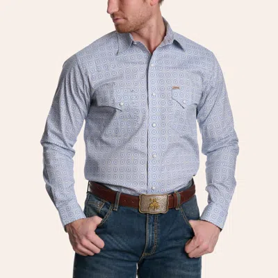 Rafter C Men's Blue Wallpaper Geo Print Long Sleeve Pearl Snap Western Shirt