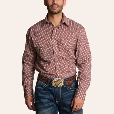 Rafter C Men's Brick Red Geo Print Long Sleeve Pearl Snap Western Shirt