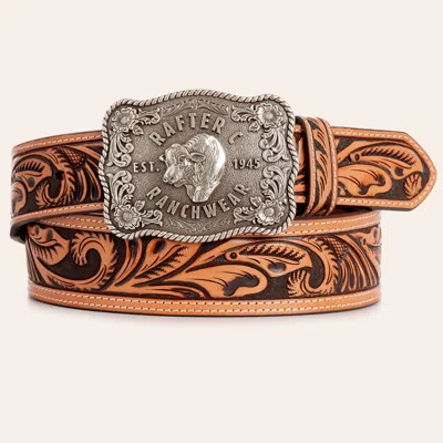 Rafter C Men's Brown Floral Tooled Leather & Silver Buckle Western Belt