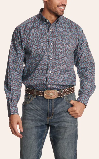 Rafter C Men's Burgundy & Blue Wallpaper Print Long Sleeve Western Shirt