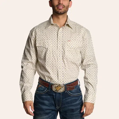 Rafter C Men's Cream Geo Print Long Sleeve Pearl Snap Western Shirt In White