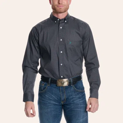 Rafter C Men's Dark Gray & Turquoise Micro Geo Print Long Sleeve Shirt