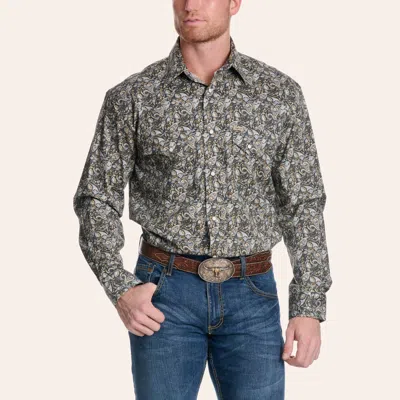 Rafter C Men's Gray Paisley Print Stretch Pearl Snap Western Shirt