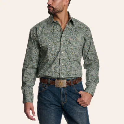 Rafter C Men's Green & Blue Paisley Print Pearl Snap Long Sleeve Western Shirt