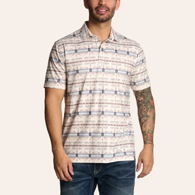 Rafter C Men's Ivory & Blue Aztec Print Pearl Snap Polo Shirt In White