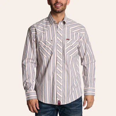 Rafter C Men's Khaki Aztec Stripe Print Long Sleeve Pearl Snap Western Shirt In Brown