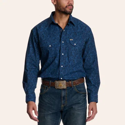 Rafter C Men's Navy & Royal Blue Paisley Print Pearl Snap Long Sleeve Western Shirt