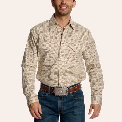 Rafter C Men's Tan Geo Print Long Sleeve Pearl Snap Western Shirt