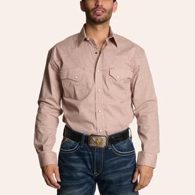 Rafter C Men's Tan Geo Print Long Sleeve Pearl Snap Western Shirt In Brown