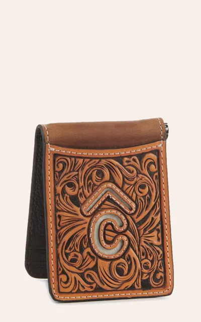Rafter C Men's Tan Leather Tooled Cream Underlay Slim Bifold Money Clip Wallet In Brown