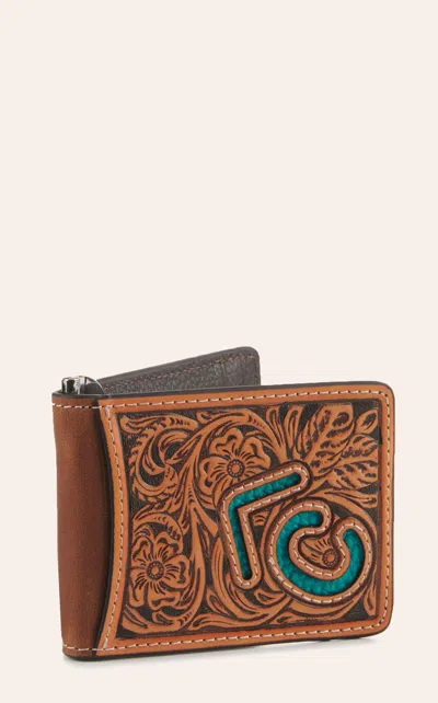 Rafter C Men's Tan Leather Tooled Turquoise Underlay Slim Bifold Money Clip Wallet In Brown