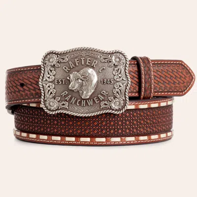 Rafter C Men's Tan Tooled Leather Straight Stitched Silver Steer Head Buckle Belt In Brown