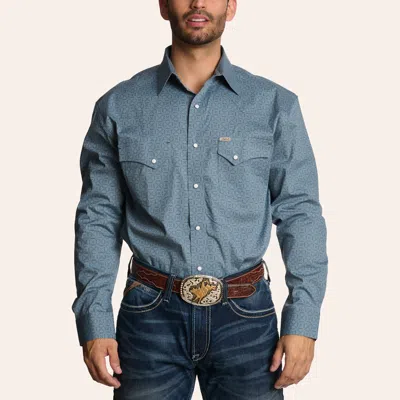 Rafter C Men's Teal Geo Print Long Sleeve Pearl Snap Western Shirt