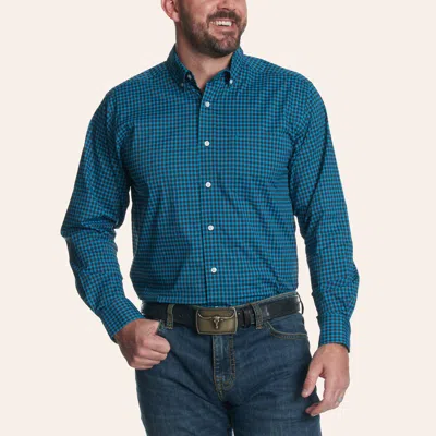 Rafter C Men's Turquoise & Black Plaid Print Long Sleeve Shirt In Blue