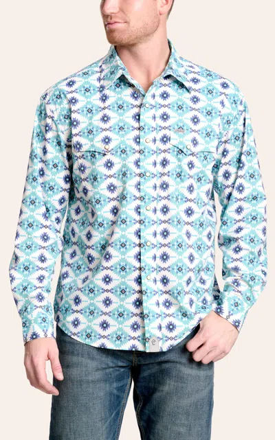 Rafter C Men's Turquoise Aztec Print Long Sleeve Fishing Shirt In Blue