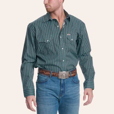 Rafter C Men's Turquoise Geo Print Long Sleeve Pearl Snap Western Shirt In Brown