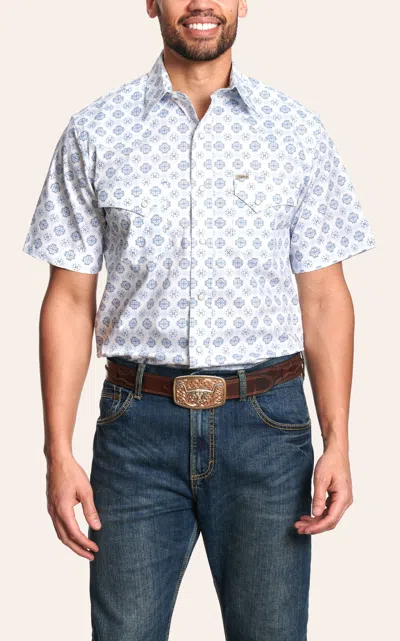 Rafter C Men's White & Blue Geo Print Short Sleeve Western Shirt