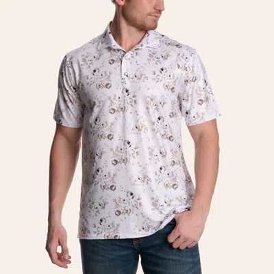 Rafter C Men's White & Brown Floral Print Pearl Snap Polo Shirt
