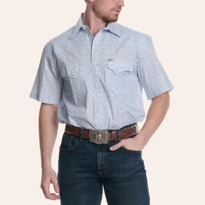 Rafter C Men's White & Light Blue Paisley Print Pearl Snap Western Shirt