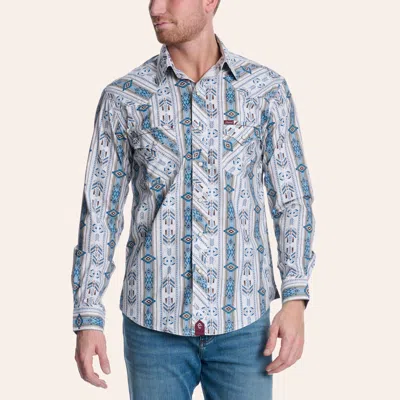 Rafter C Red Dirt Men's White & Blue Aztec Print Long Sleeve Pearl Snap Western Shirt