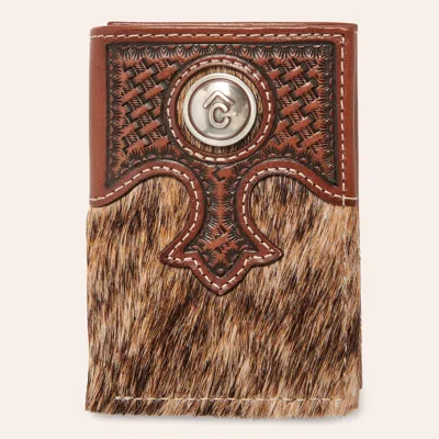 Rafter C Tan & Brown Hair On Cowhide Tooled Leather Trifold Wallet