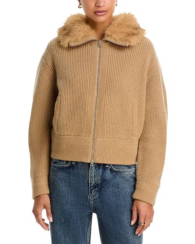 Rag & Bone Amelia Wool & Faux Fur Ribbed Zip Cardigan In Brown
