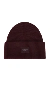 Rag & Bone Blake Logo Patch Wool Blend Rib Beanie In Burgundy