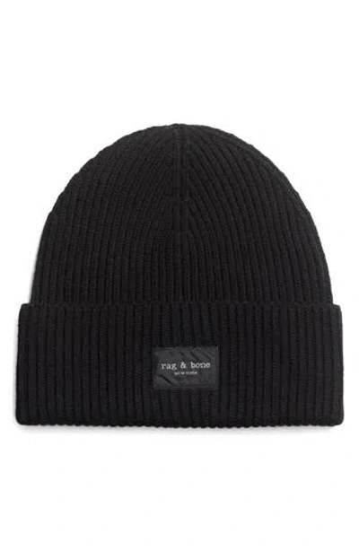 Rag & Bone Blake Logo Patch Wool Blend Rib Beanie In Black