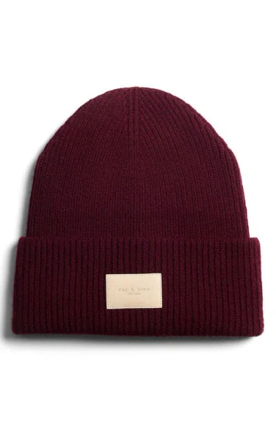 Rag & Bone Blake Logo Patch Wool Blend Rib Beanie In Pomegranate