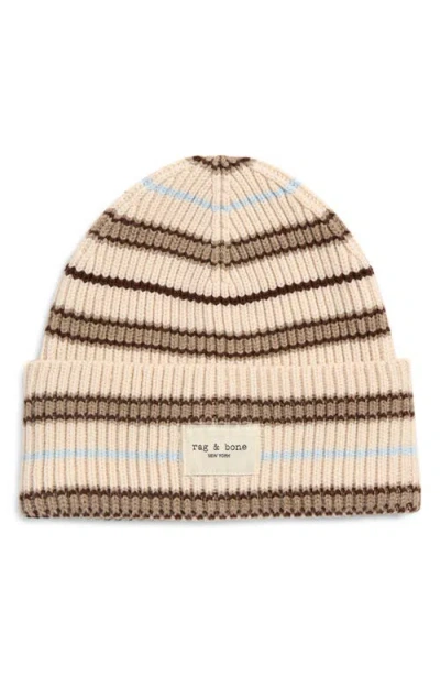 Rag & Bone Blake Stripe Wool Blend Rib Beanie In Brown