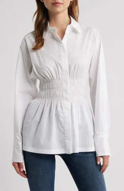Rag & Bone Blythe Cotton Smocked Waist Peplum Button-up Shirt In White