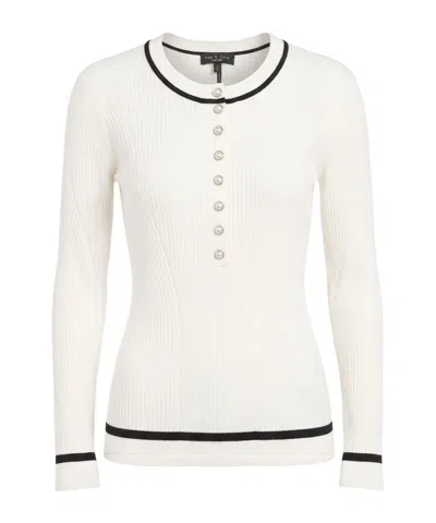 Rag & Bone Contrast Trim Pearl Button Henley Ribbed Knit Top In White