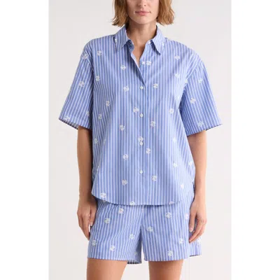 Rag & Bone Ella Oversize Embroidered Short Sleeve Button-up Shirt In Blue
