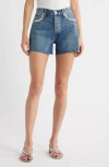 Rag & Bone Embellished High Waist Raw Hem Cutoff Denim Shorts In Blue