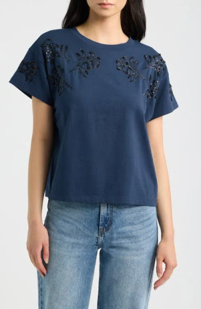 Rag & Bone Kelly Beaded Floral Boxy T-shirt In Blue