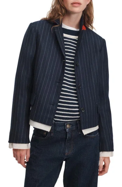 Rag & Bone Lawrence Pinstripe Wool Blend Cropped Blazer In Blue
