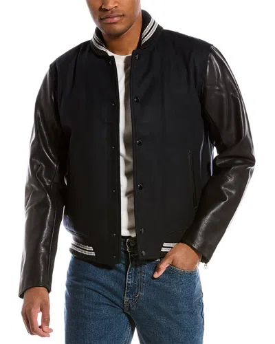 Rag & Bone Leather-trim Wool-blend Varsity Jacket In Black