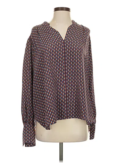 Pre-owned Rag & Bone Long Sleeve Silk Top Brown Tweed Pattern Cowl Neck Tops