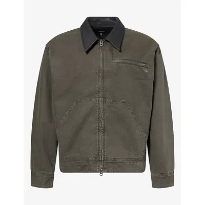 Rag & Bone Mens Workwear Leather Collar Denim Jacket Drkgrn