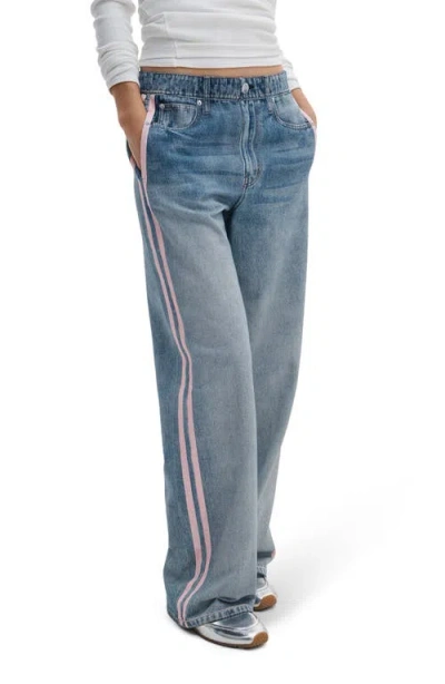 Rag & Bone Miramar Side Stripe High Waist Wide Leg Cotton Terry Sweatpant Track Pants In Blue