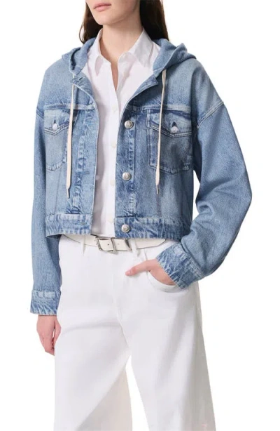 Rag & Bone Rb Miramar Hooded Trompe L'oeil Faux Denim Terry Trucker Jacket In Blue