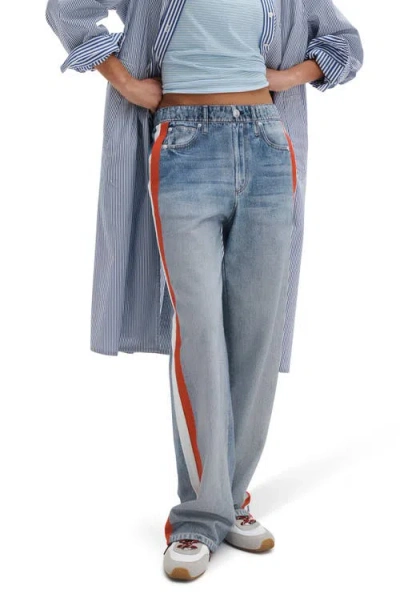 Rag & Bone Rb Miramar Side Stripe High Waist Wide Leg Cotton Terry Sweatpant Track Pants In Blue