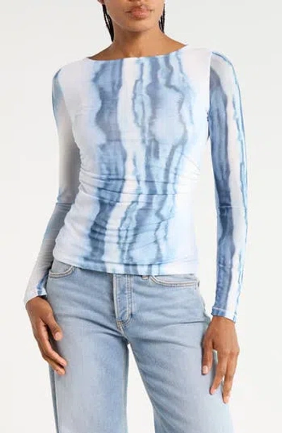 Rag & Bone Ruched Mesh Long Sleeve Top In Blue