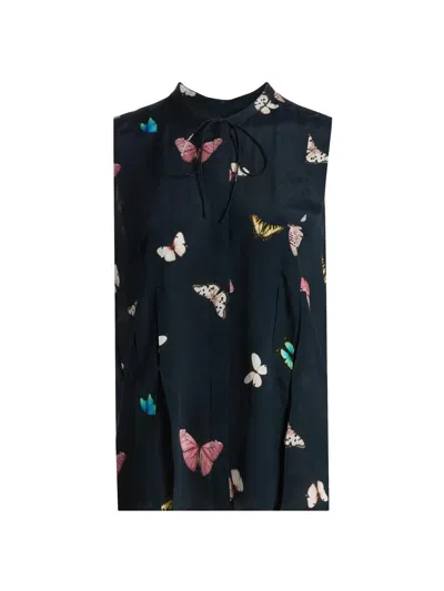 Rag & Bone Women's Arden Butterfly-printed Pleated Sleeveless Blouse In Blue