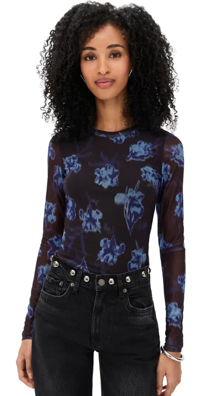Rag & Bone Yana Printed Mesh Long Sleeve Tee Salmt In Blue