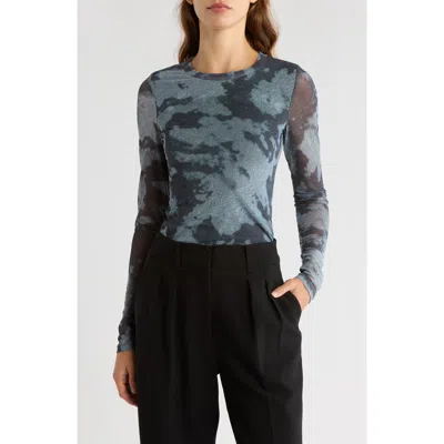 Rag & Bone Yana Printed Mesh Long Sleeve Tee Silver Multi In Blue
