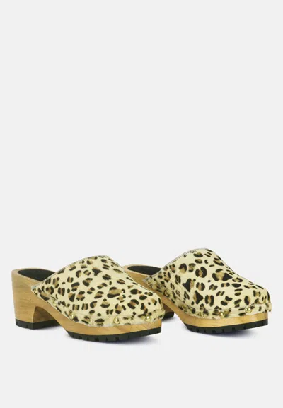 Rag & Co Acer Fine Suede Printed Leopard Clogs Slides In Beige In Yellow