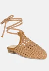 Rag & Co Bartsi Tan Handwoven Tie Up Flat Mules In Beige