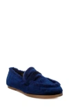 Rag & Co Bastian Faux Fur Trim Velvet Loafer In Dark Blue